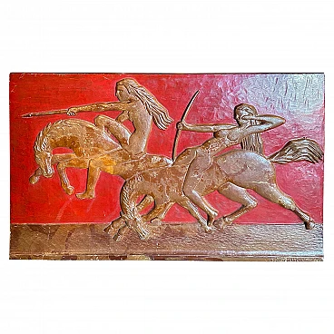 Bas-relief with Amazons in carved wood by Mannini, 1930s
