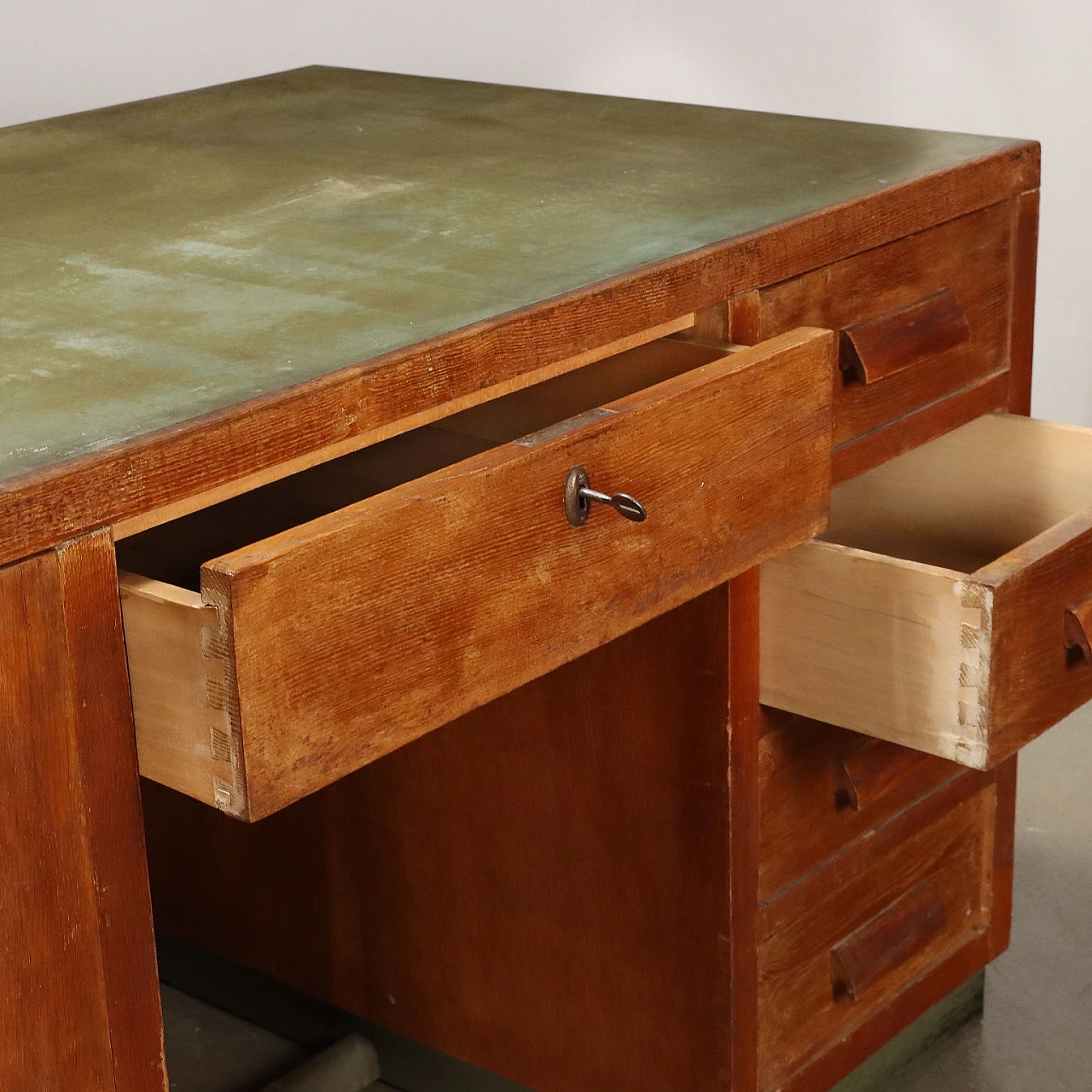 Oak desk with drawers and linoleum top, 1940s 3
