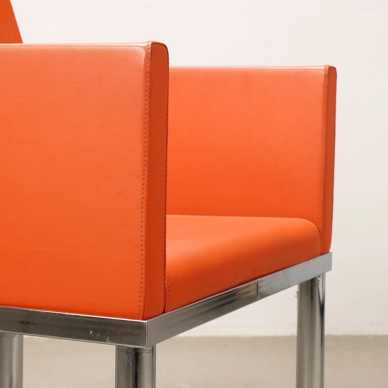 Orange leather armchair with chromed metal structure, 1990s 5