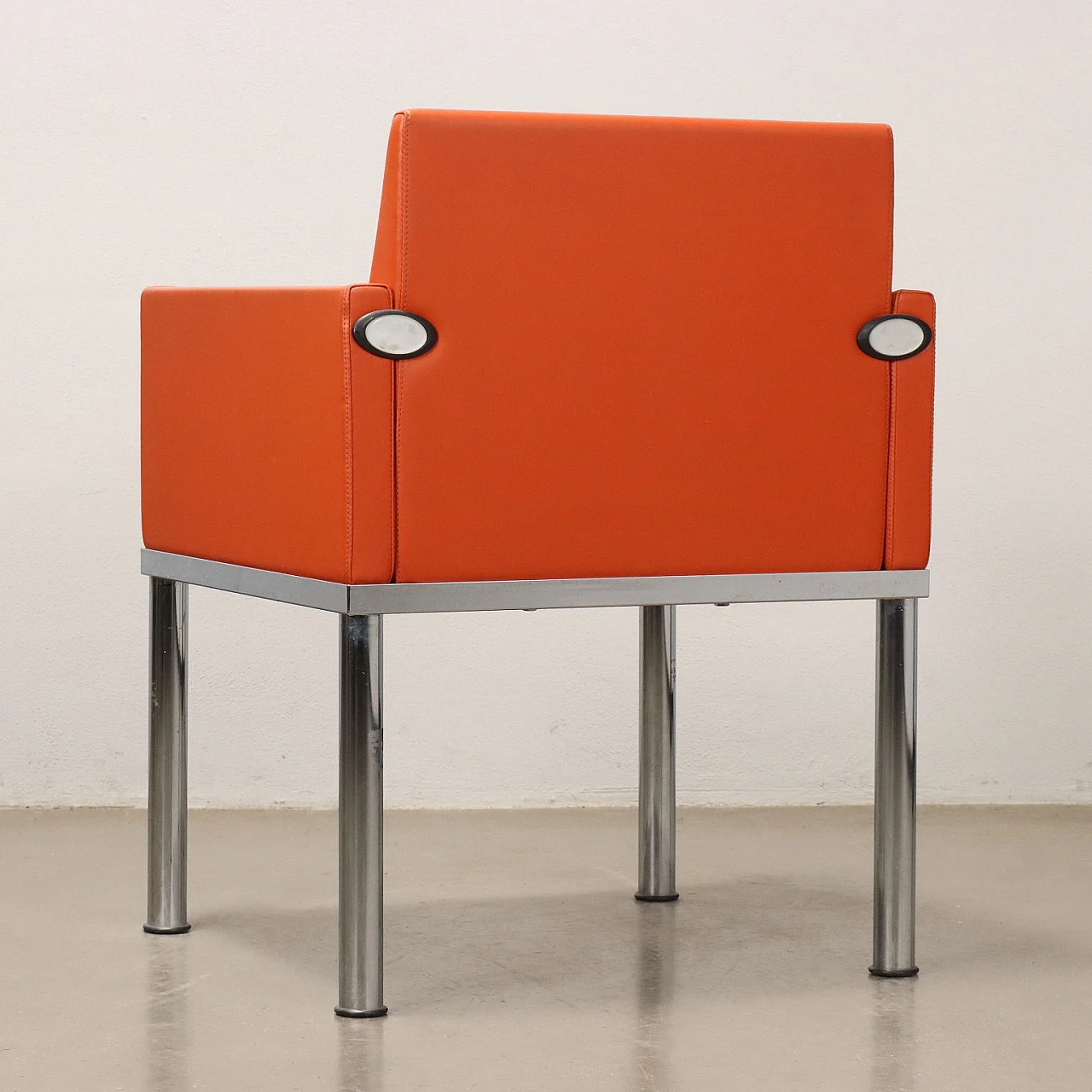 Orange leather armchair with chromed metal structure, 1990s 9