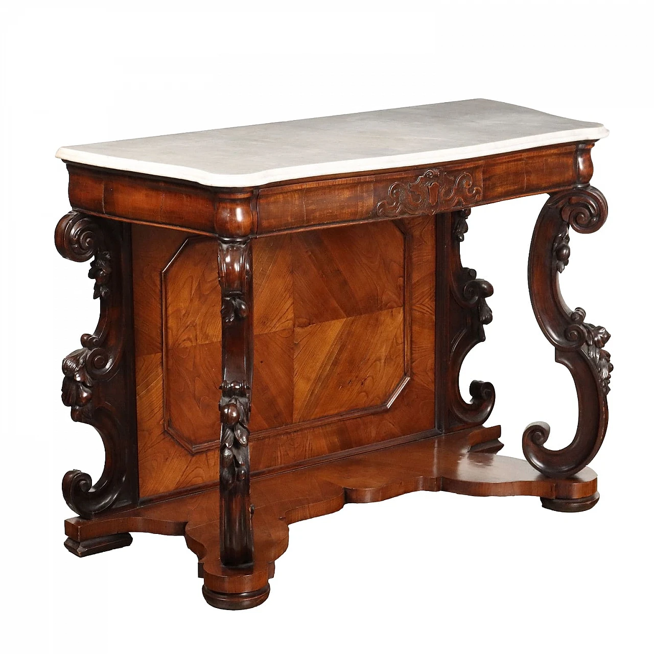 Walnut console with marble top & carved uprights, 19th century 1