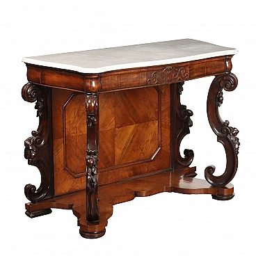 Walnut console with marble top & carved uprights, 19th century