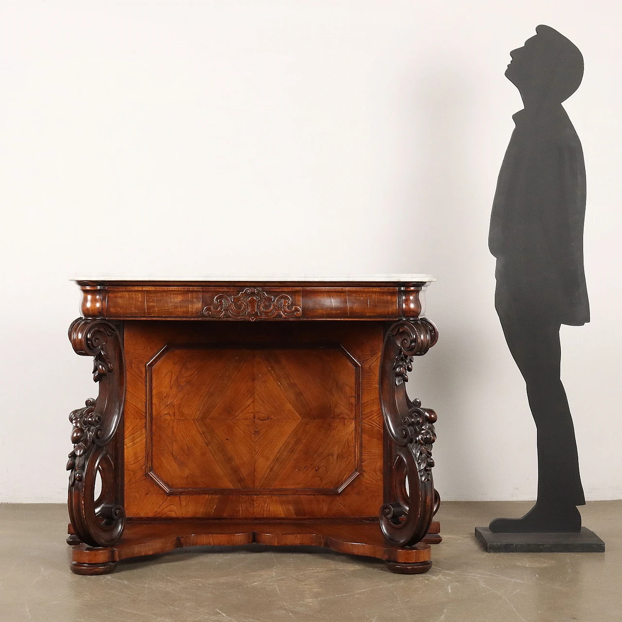 Walnut console with marble top & carved uprights, 19th century 2