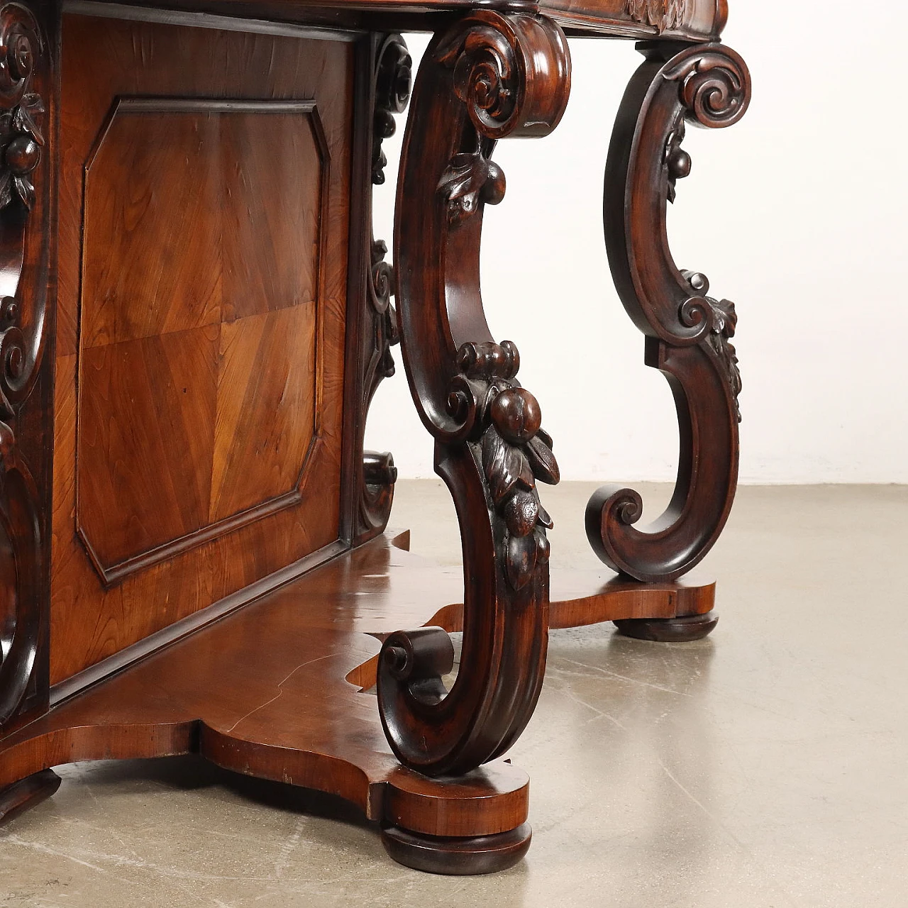 Walnut console with marble top & carved uprights, 19th century 3