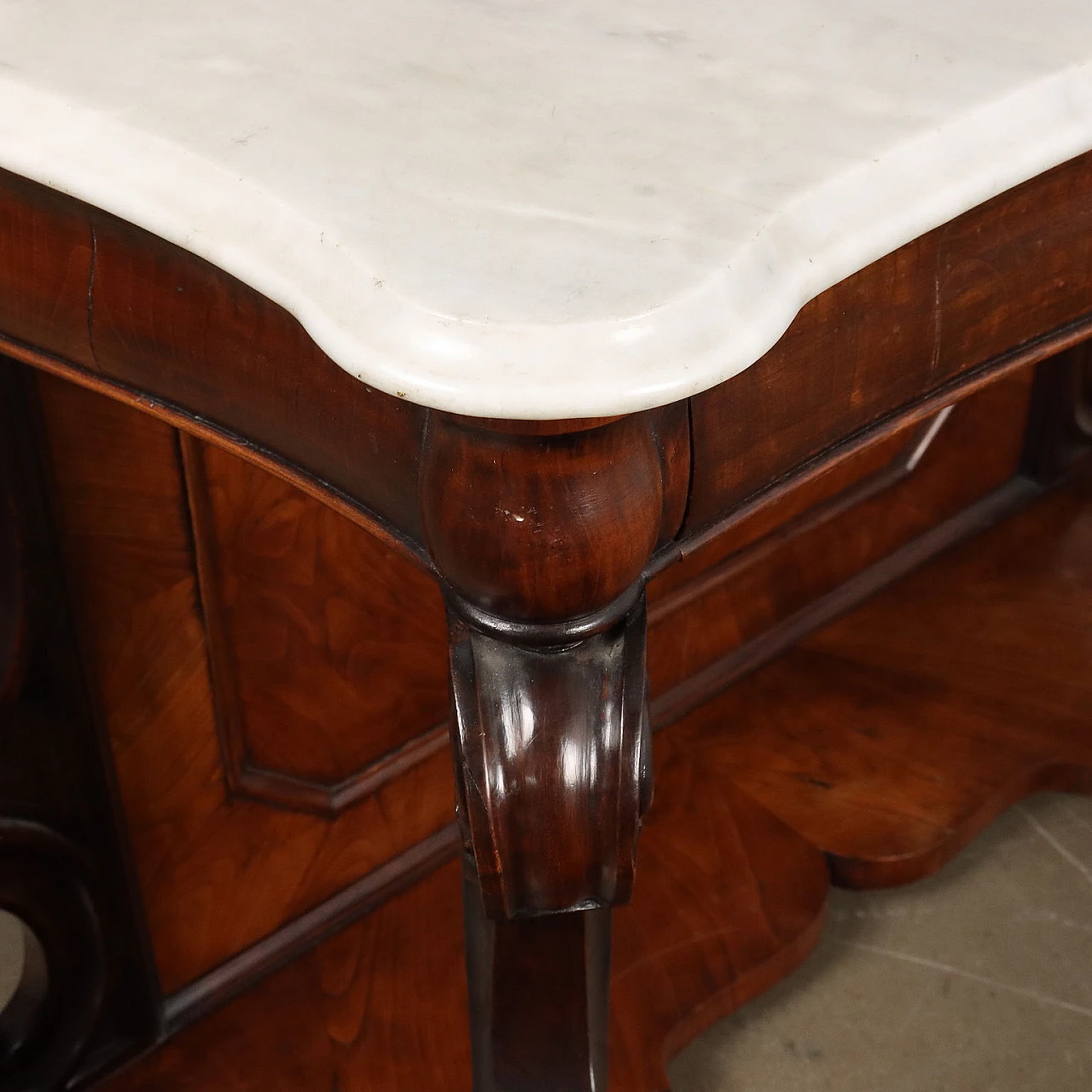 Walnut console with marble top & carved uprights, 19th century 5
