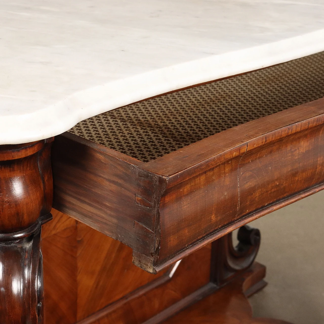 Walnut console with marble top & carved uprights, 19th century 6
