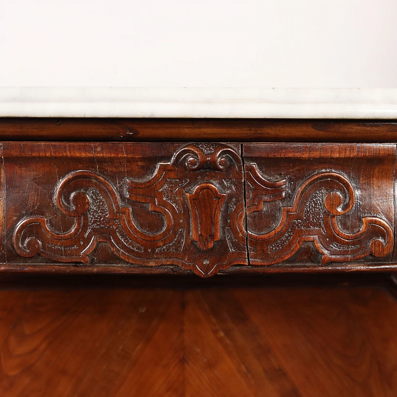 Walnut console with marble top & carved uprights, 19th century 7