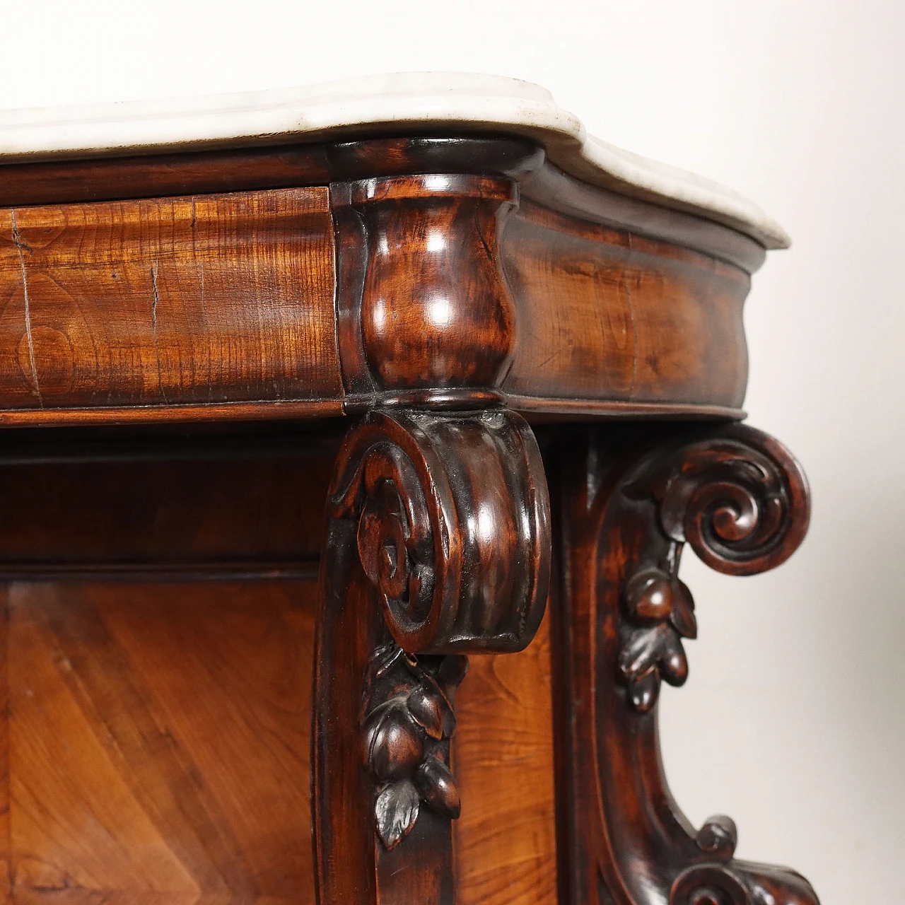 Walnut console with marble top & carved uprights, 19th century 8