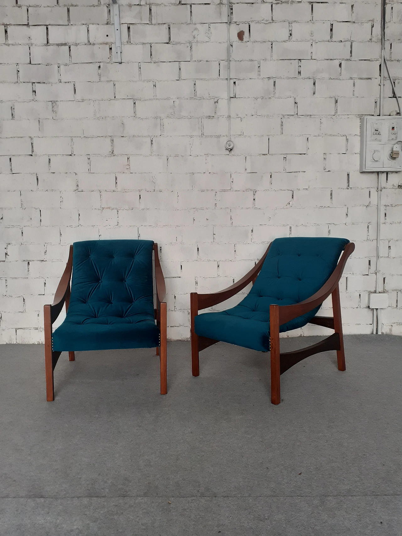 Pair of solid wood armchairs with blue fabric, 1960s 1