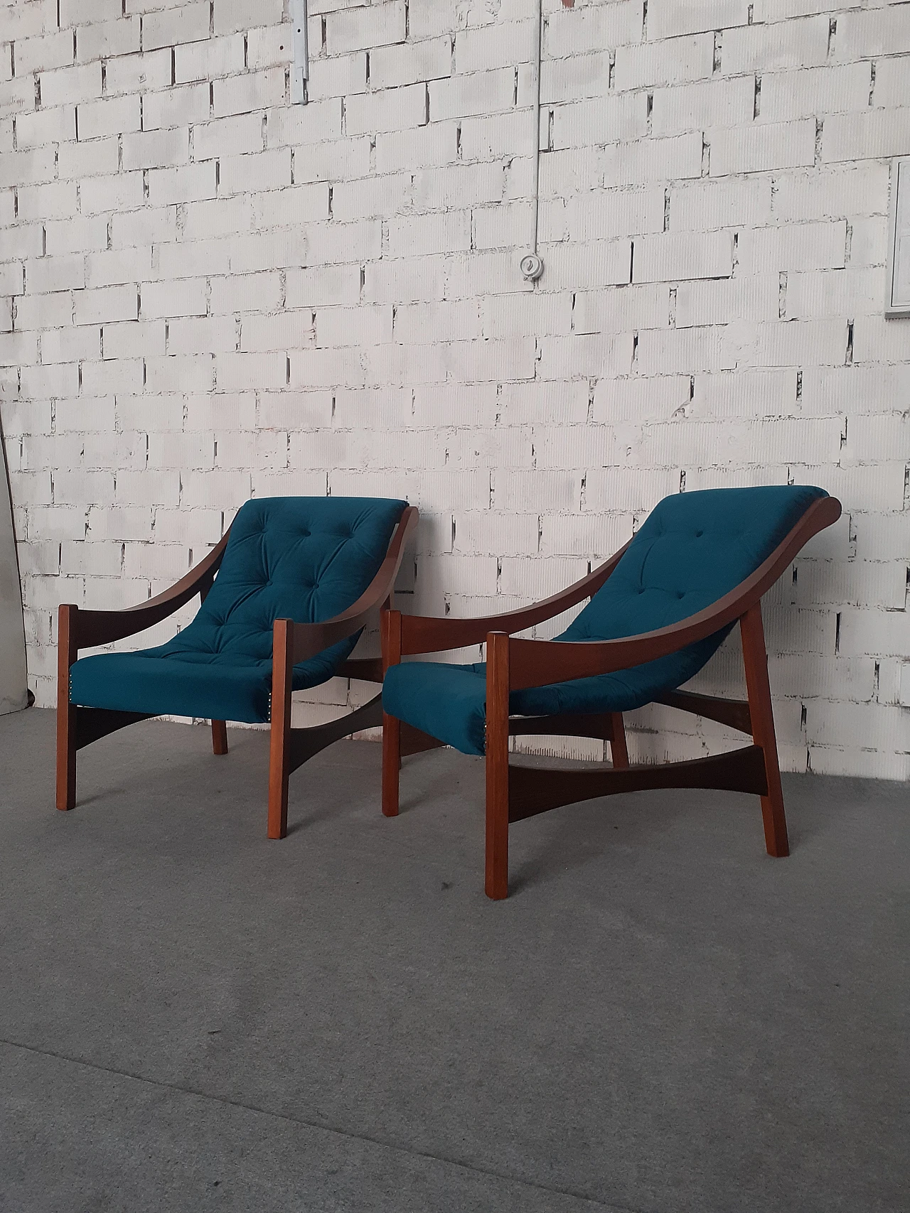 Pair of solid wood armchairs with blue fabric, 1960s 2