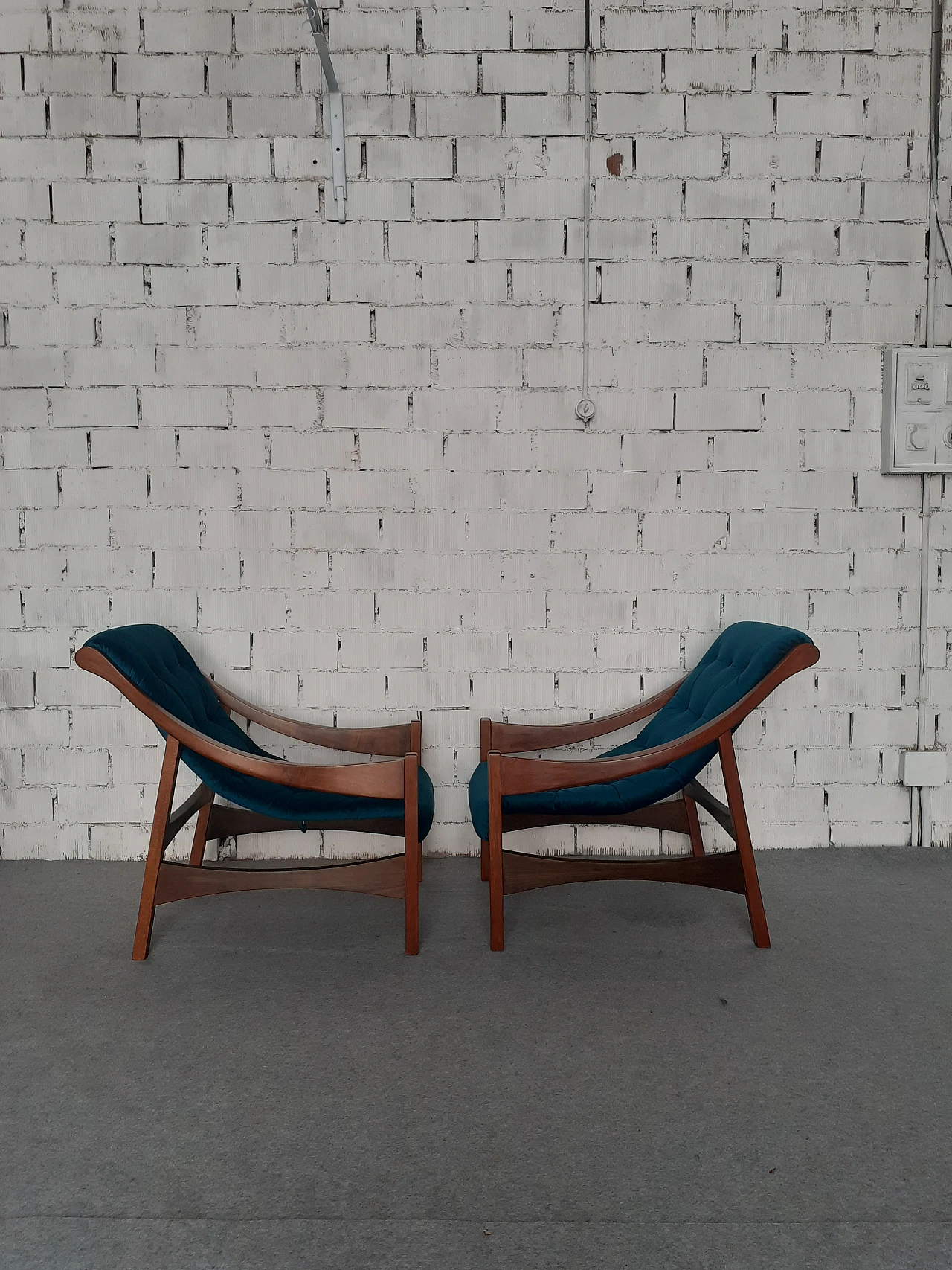 Pair of solid wood armchairs with blue fabric, 1960s 3