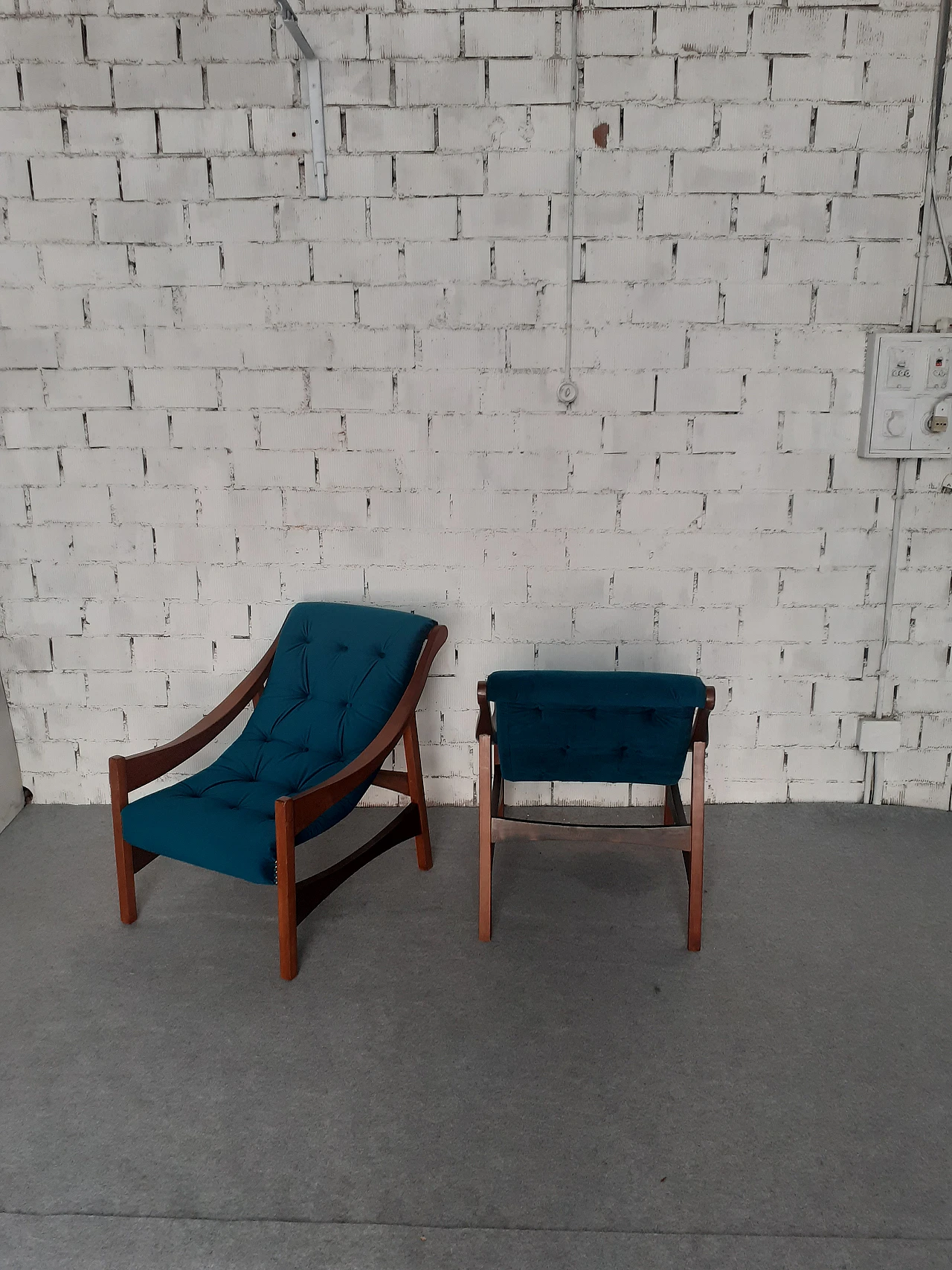 Pair of solid wood armchairs with blue fabric, 1960s 4