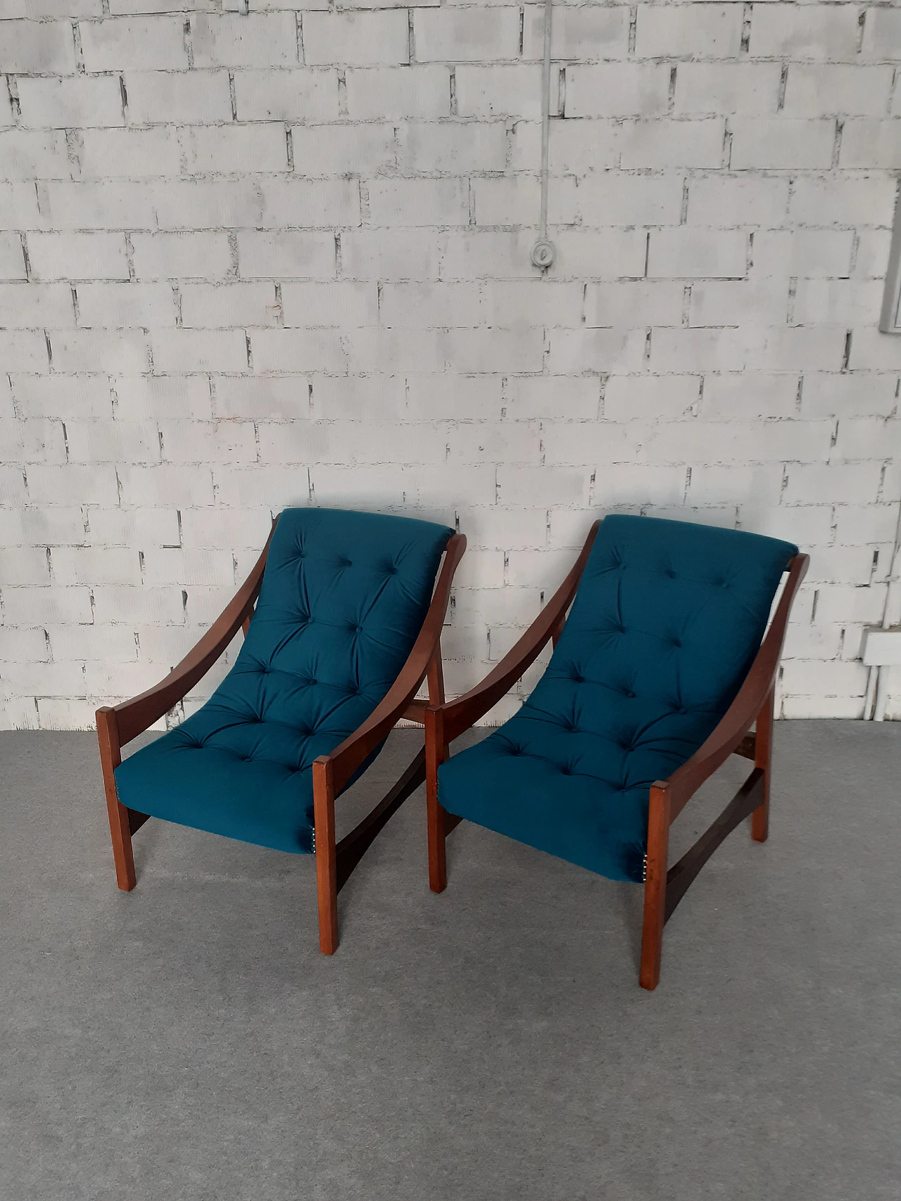 Pair of solid wood armchairs with blue fabric, 1960s 5