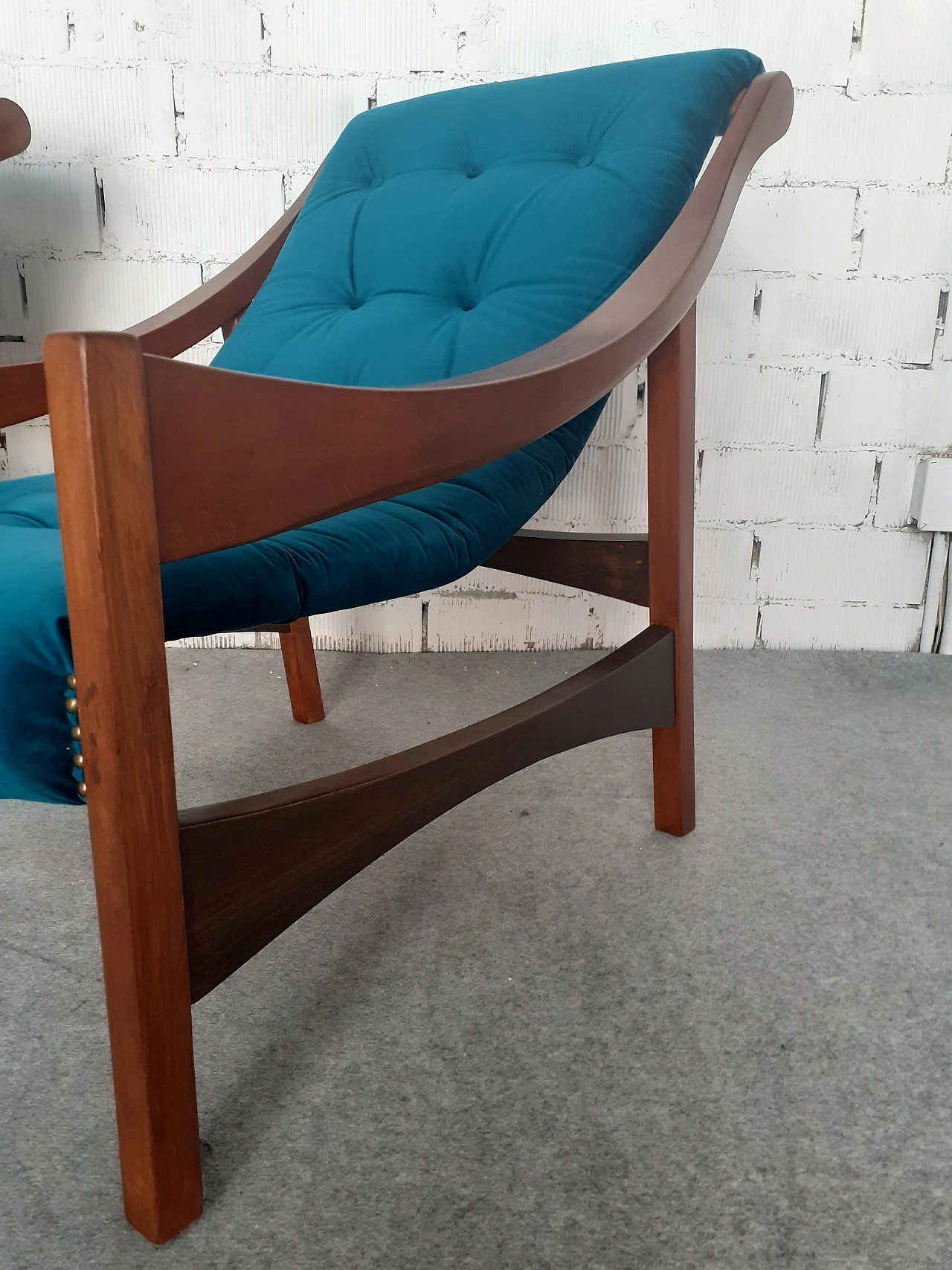 Pair of solid wood armchairs with blue fabric, 1960s 6