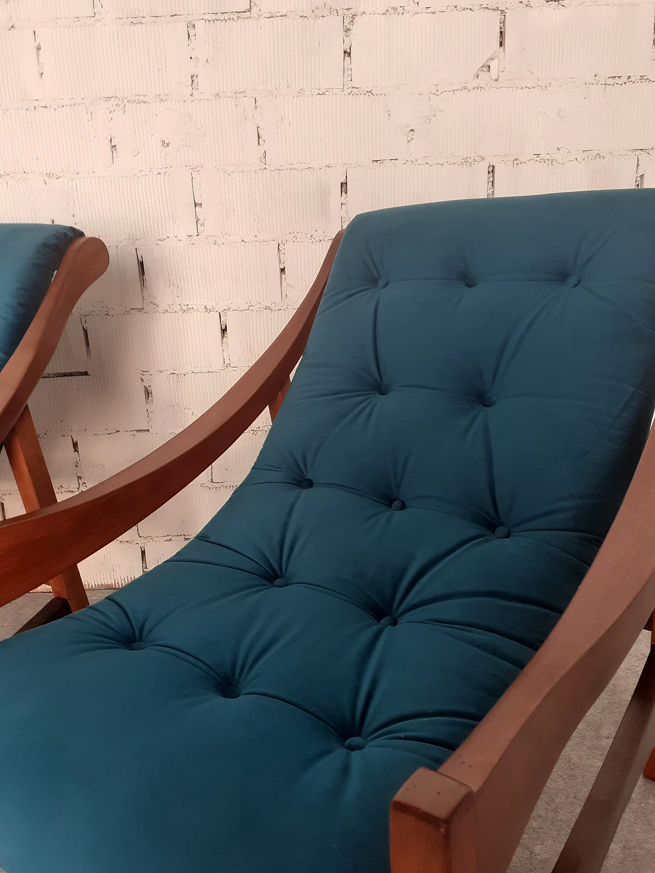 Pair of solid wood armchairs with blue fabric, 1960s 7