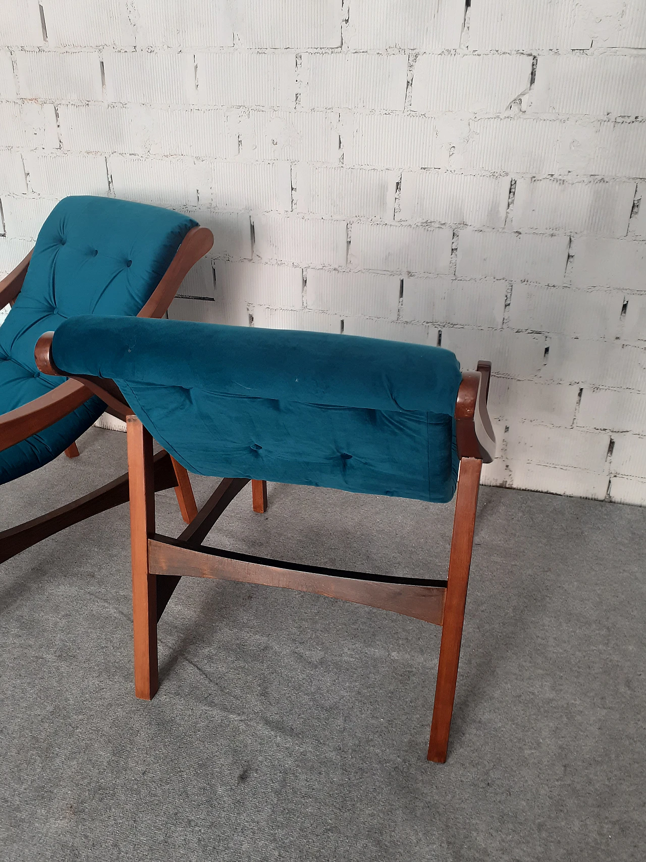 Pair of solid wood armchairs with blue fabric, 1960s 8