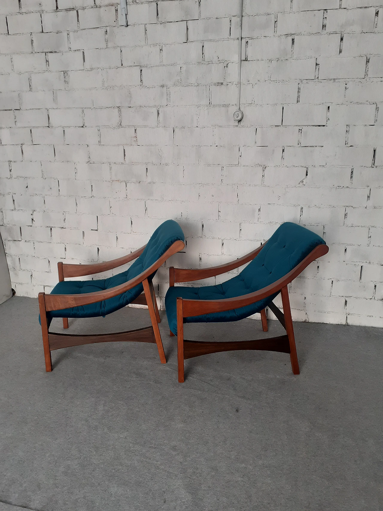Pair of solid wood armchairs with blue fabric, 1960s 9