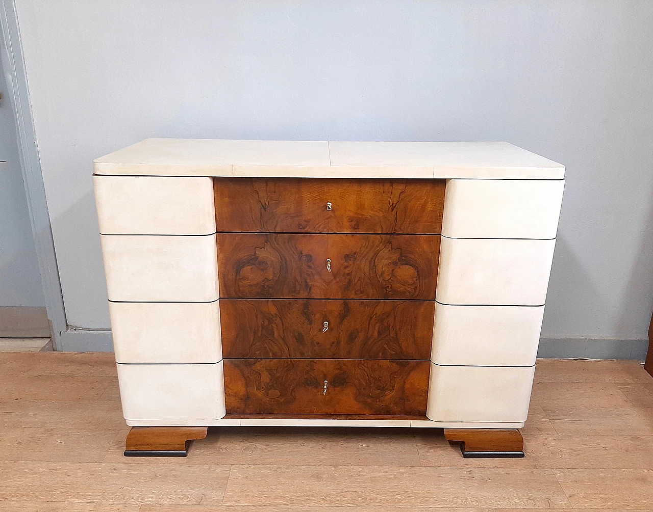 Walnut briar and parchment dresser with 4 drawers, 1930s 1