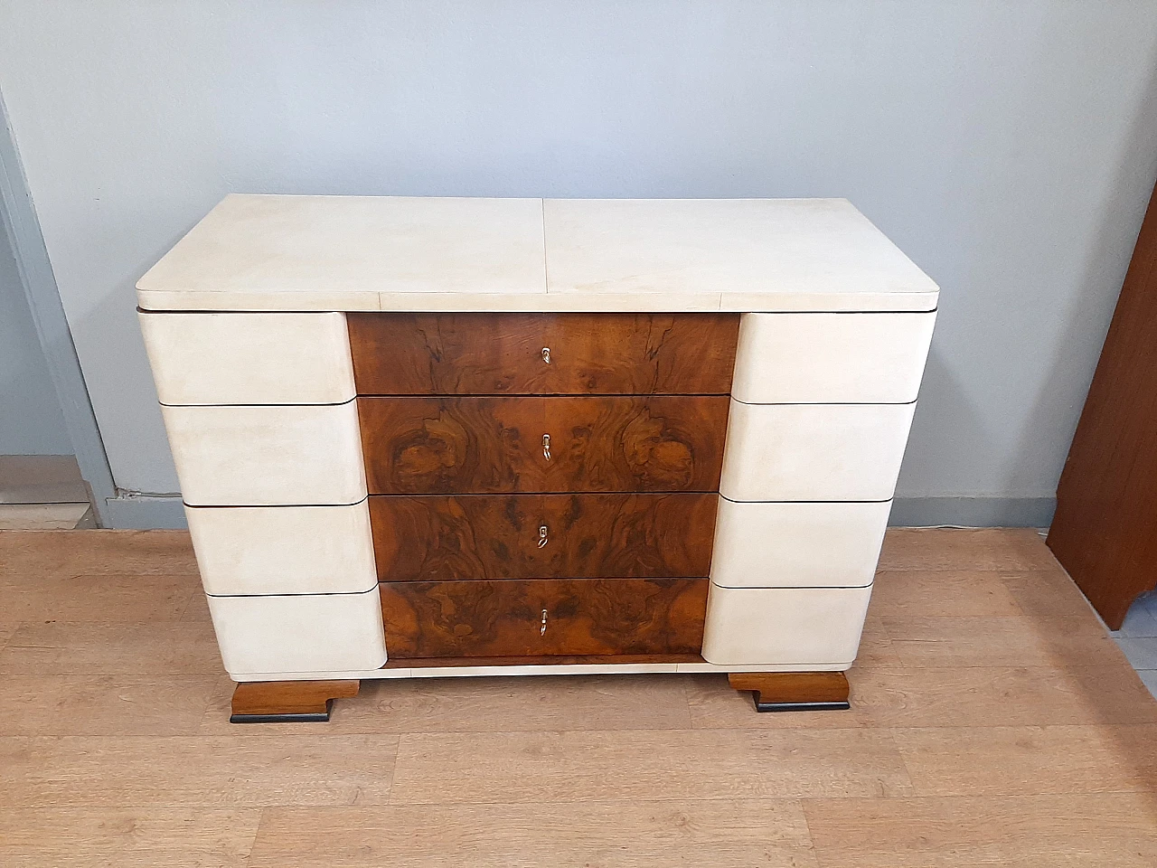 Walnut briar and parchment dresser with 4 drawers, 1930s 2
