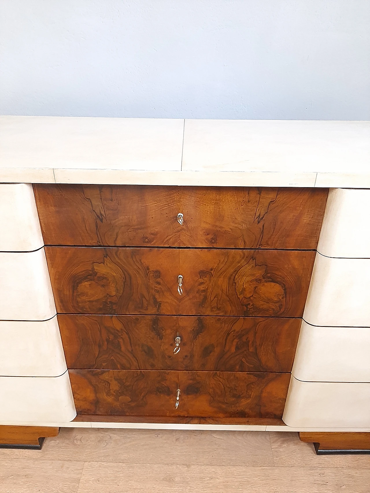 Walnut briar and parchment dresser with 4 drawers, 1930s 4