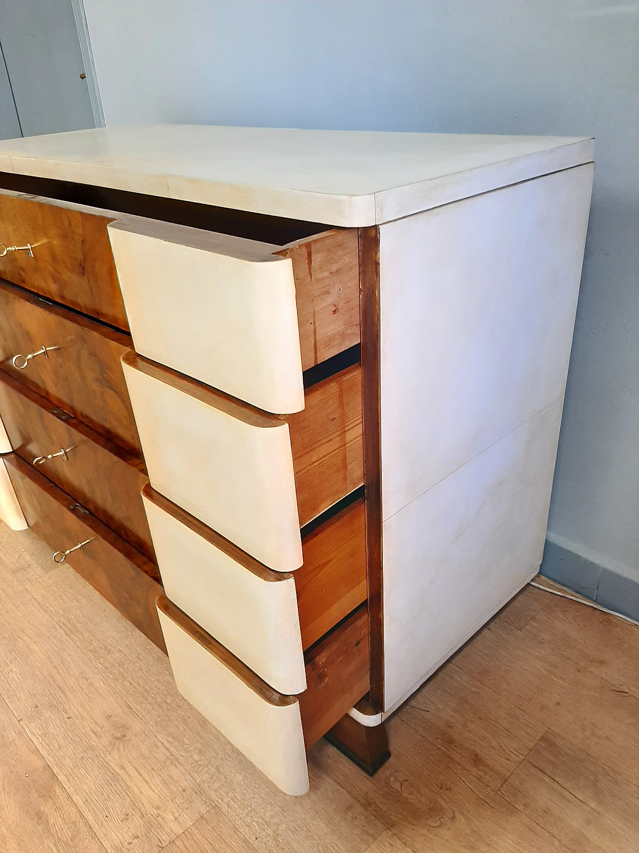 Walnut briar and parchment dresser with 4 drawers, 1930s 6