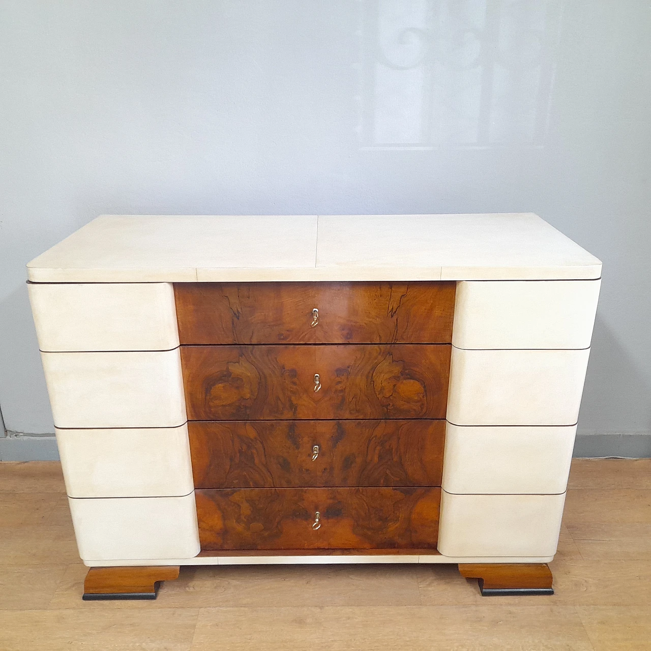 Walnut briar and parchment dresser with 4 drawers, 1930s 9
