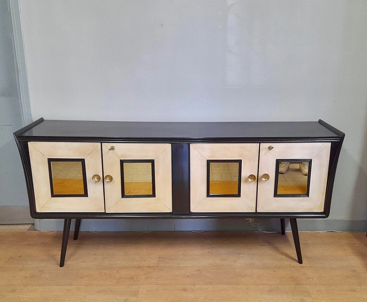 Sideboard in black laquered wood, parchment & gilded mirros, 1940s 1