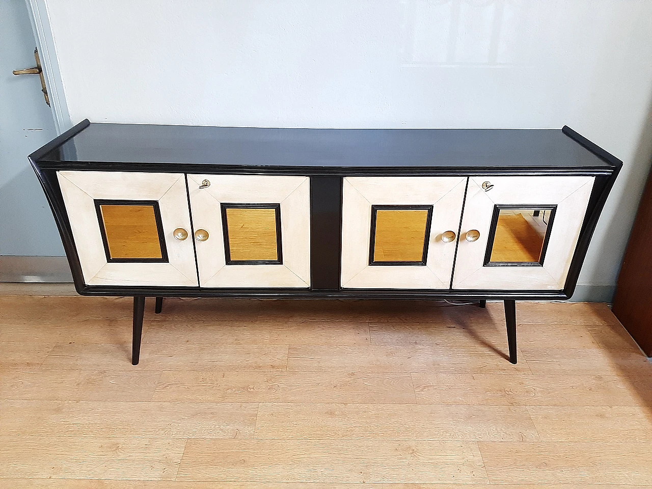 Sideboard in black laquered wood, parchment & gilded mirros, 1940s 2