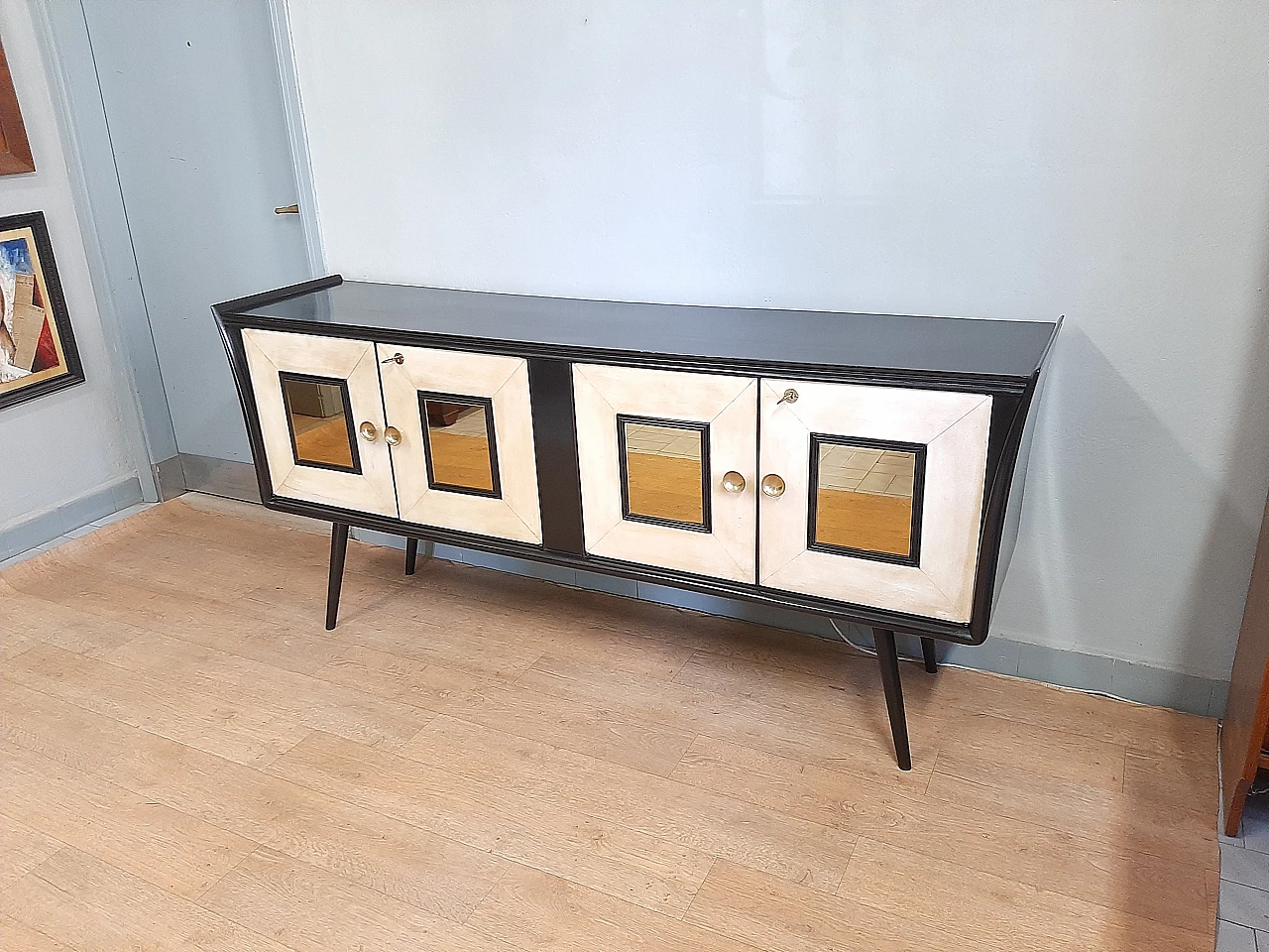 Sideboard in black laquered wood, parchment & gilded mirros, 1940s 6