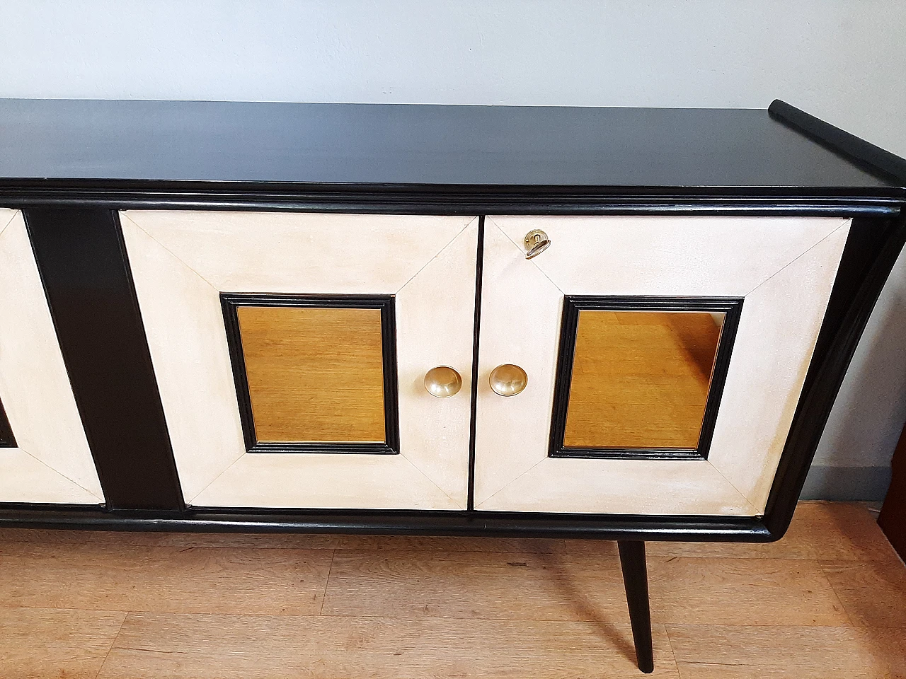 Sideboard in black laquered wood, parchment & gilded mirros, 1940s 7