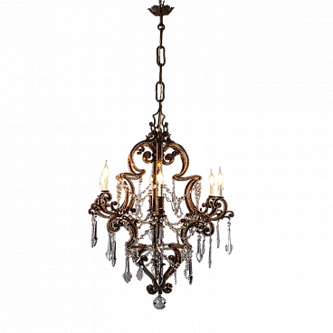 Six-light gilded wrought iron & glass chandelier, 19th century