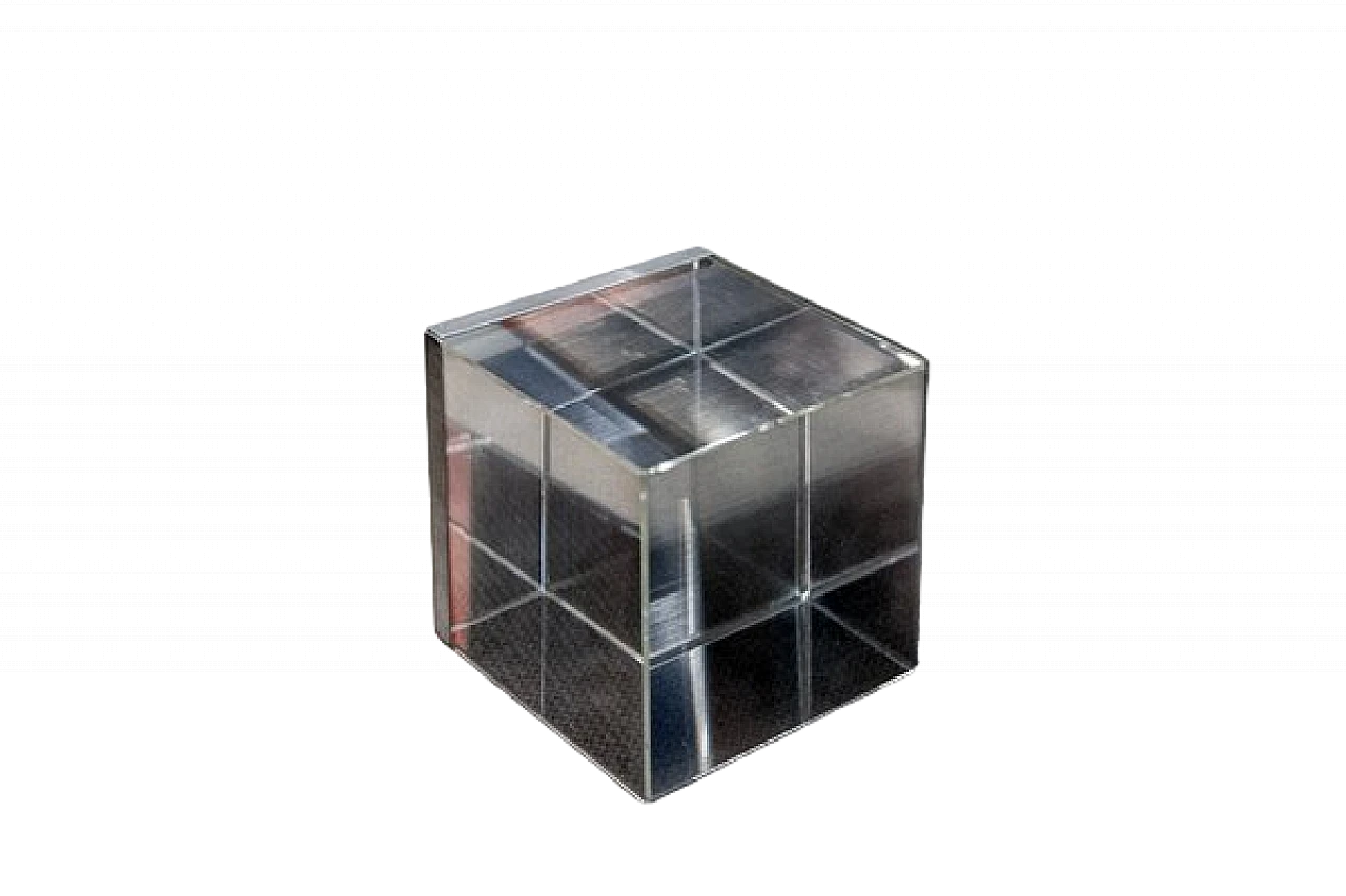 Cubic glass and steel paperweight by Bob Cornell, 1970s 5