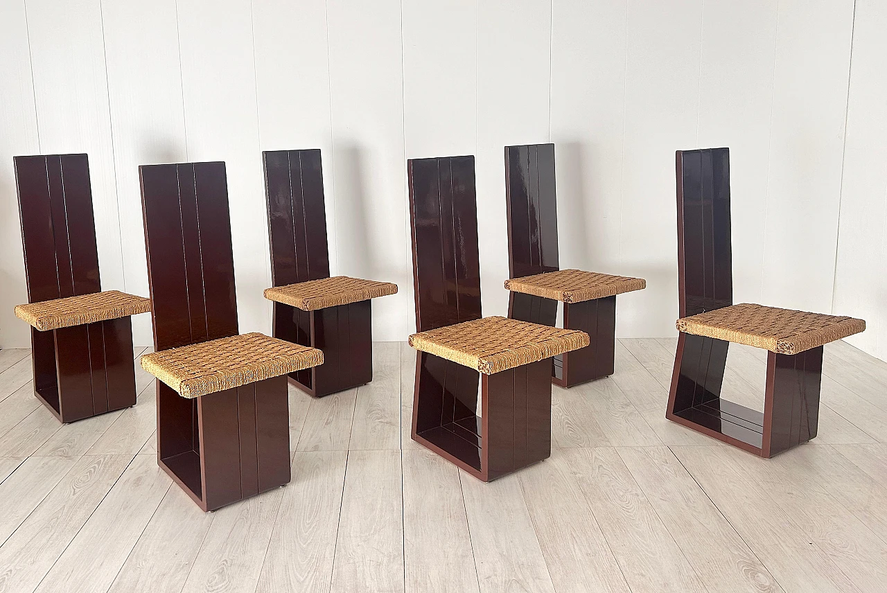6 Chairs in lacquered wood and straw, 1970s 8