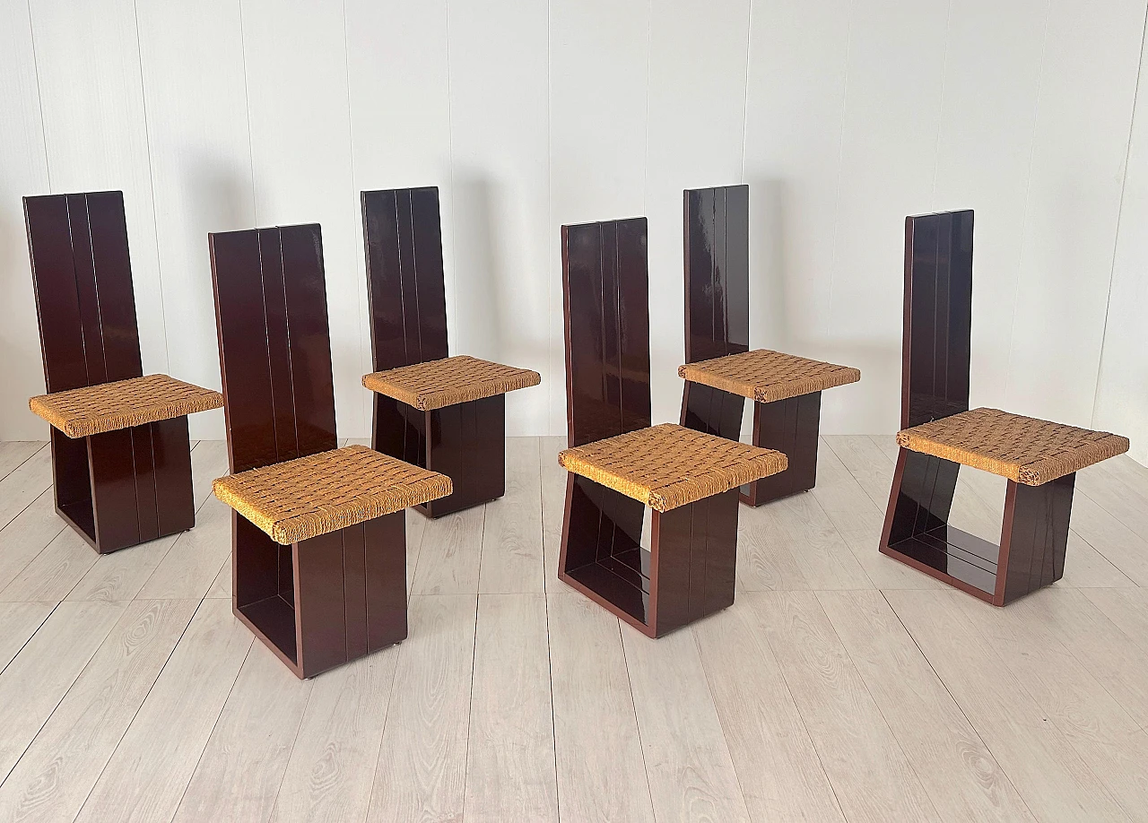 6 Chairs in lacquered wood and straw, 1970s 9