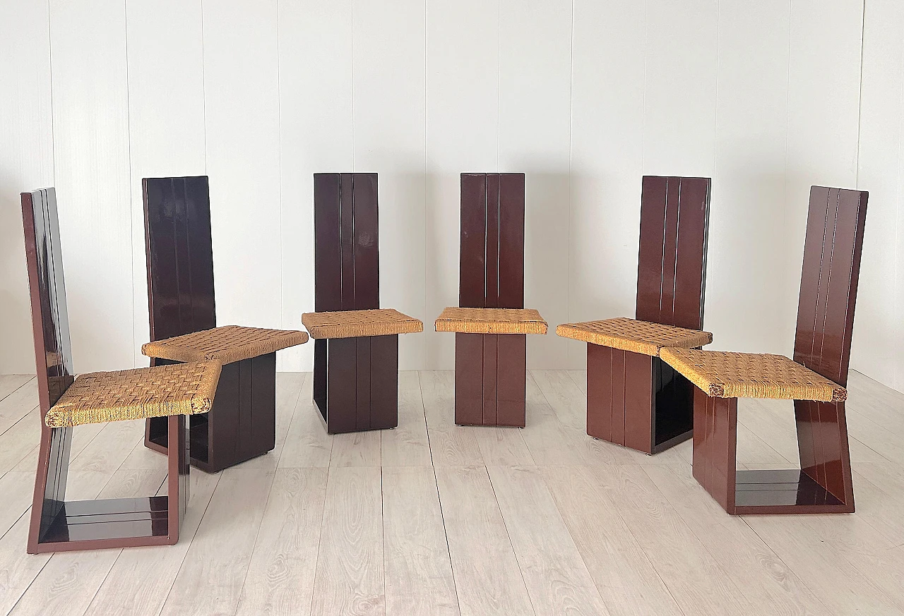 6 Chairs in lacquered wood and straw, 1970s 11