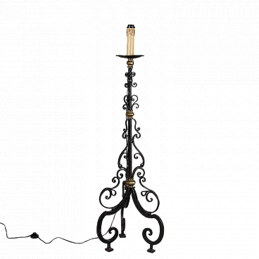 Candle holder in wrought iron with brass inserts, 19th century
