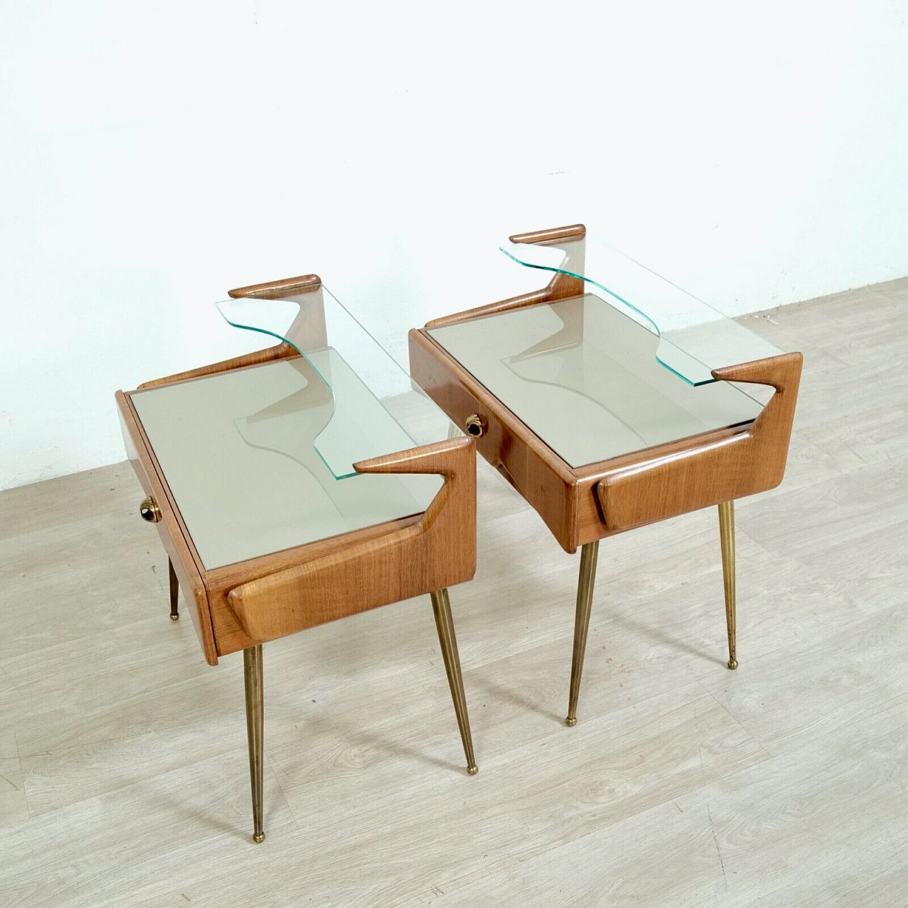 Pair of wood, brass and glass bedside tables with shelf, 1950s 6