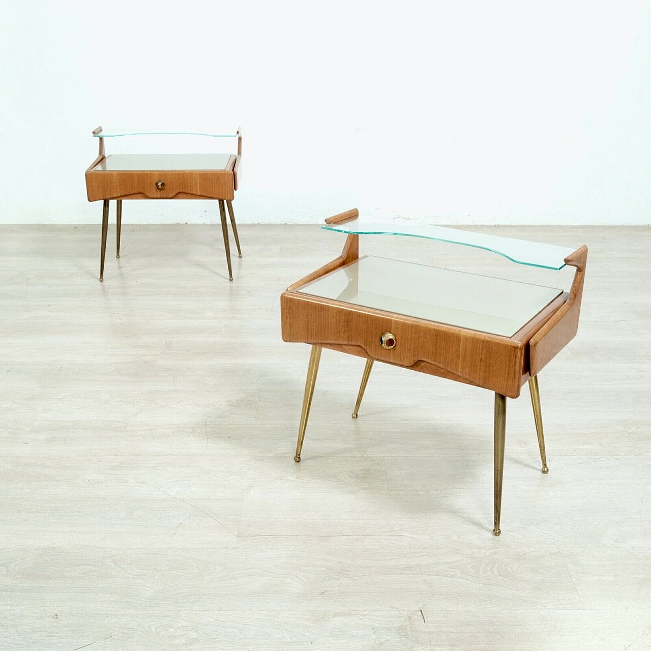 Pair of wood, brass and glass bedside tables with shelf, 1950s 7