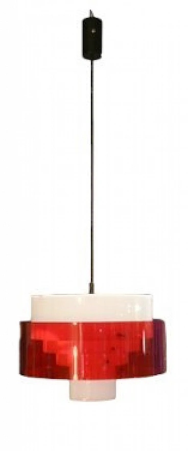 Ceiling lamp in white & red methacrylate and brass by Stilnovo, 1960s