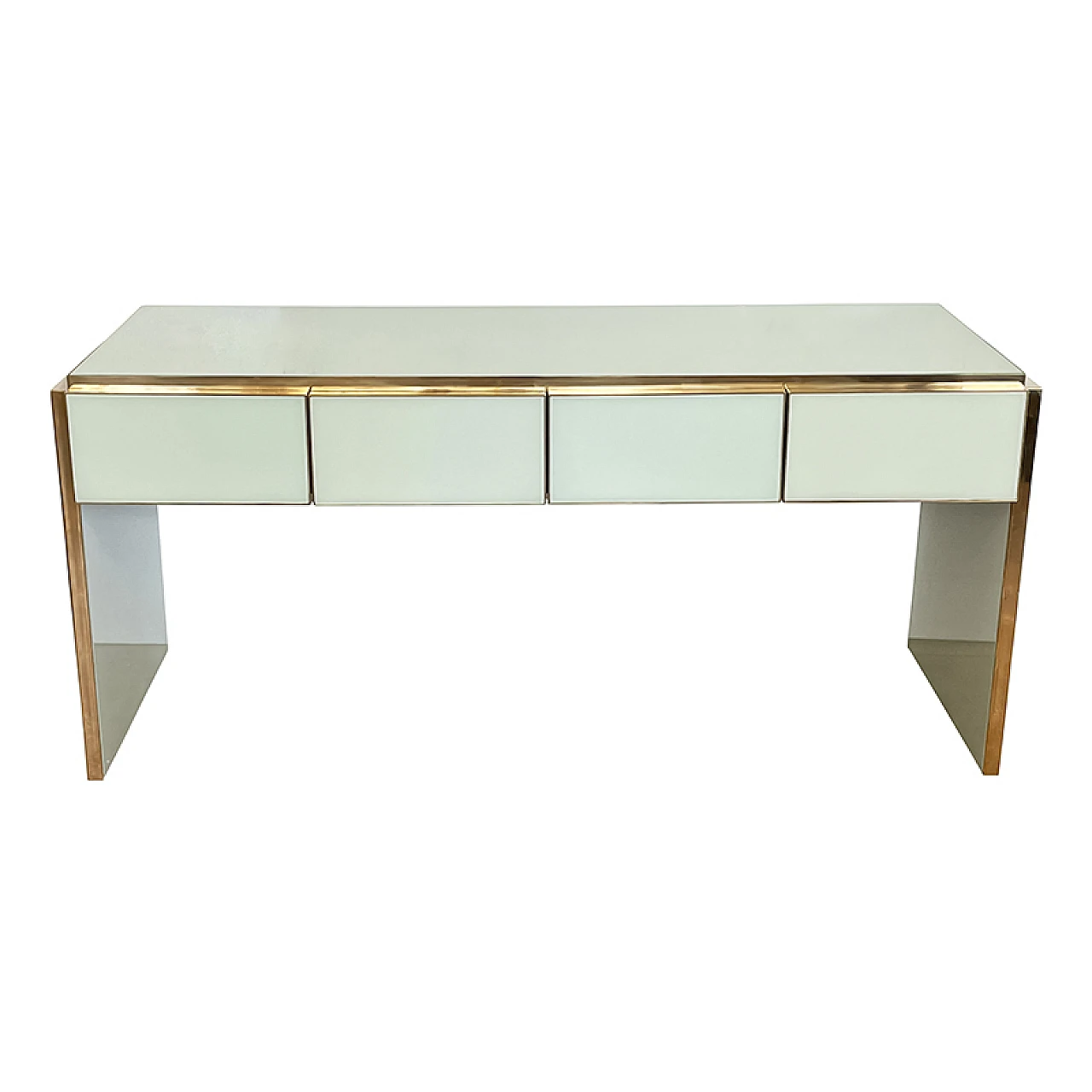 Aquamarine glass and brass console with drawers, 1980s 1