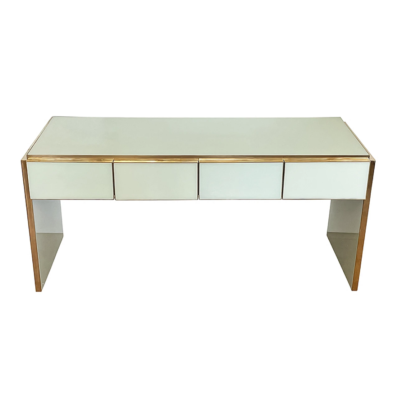 Aquamarine glass and brass console with drawers, 1980s 2
