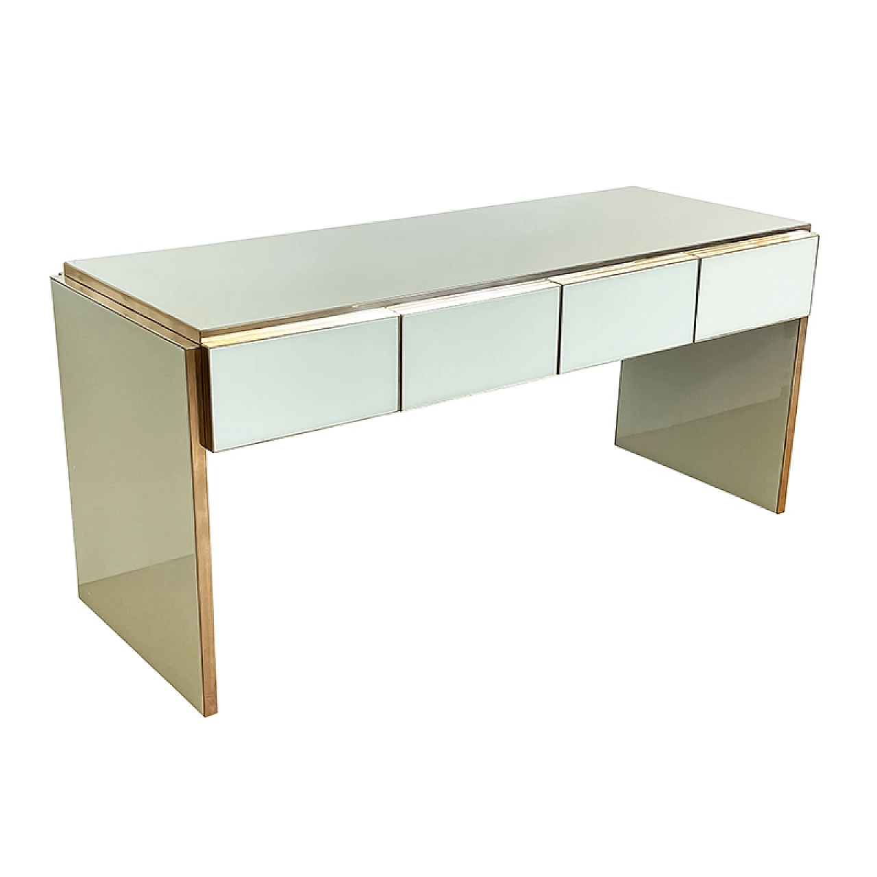 Aquamarine glass and brass console with drawers, 1980s 3