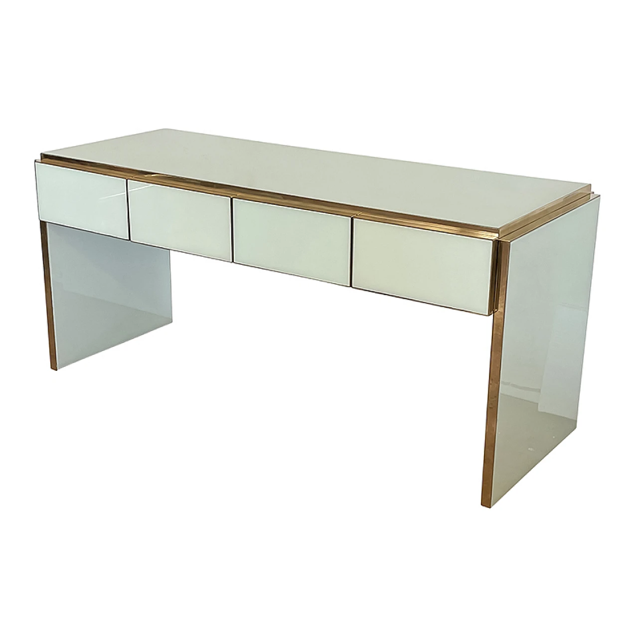 Aquamarine glass and brass console with drawers, 1980s 4