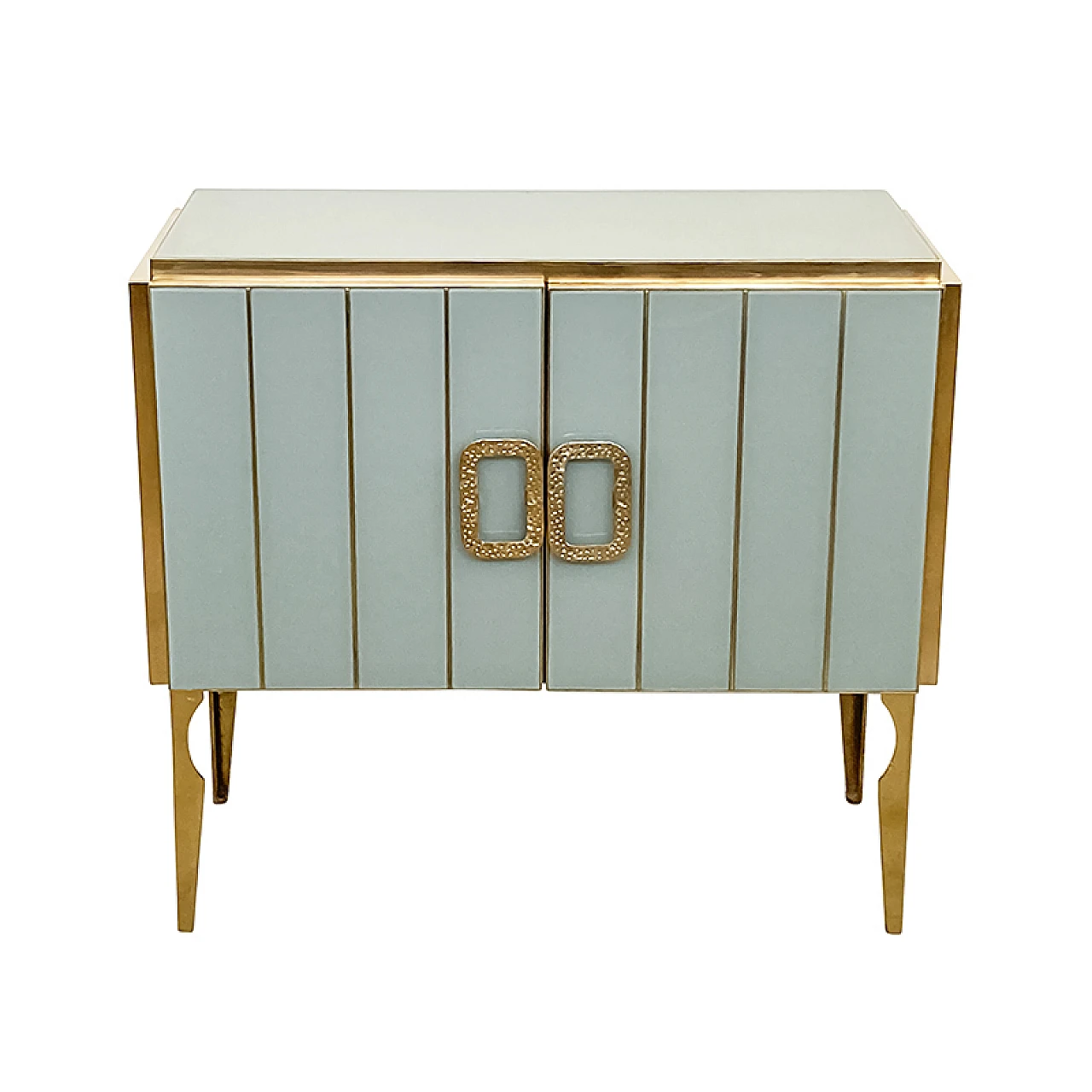 Credenza a due ante in vetro di Murano bianco e ottone, anni '80 1