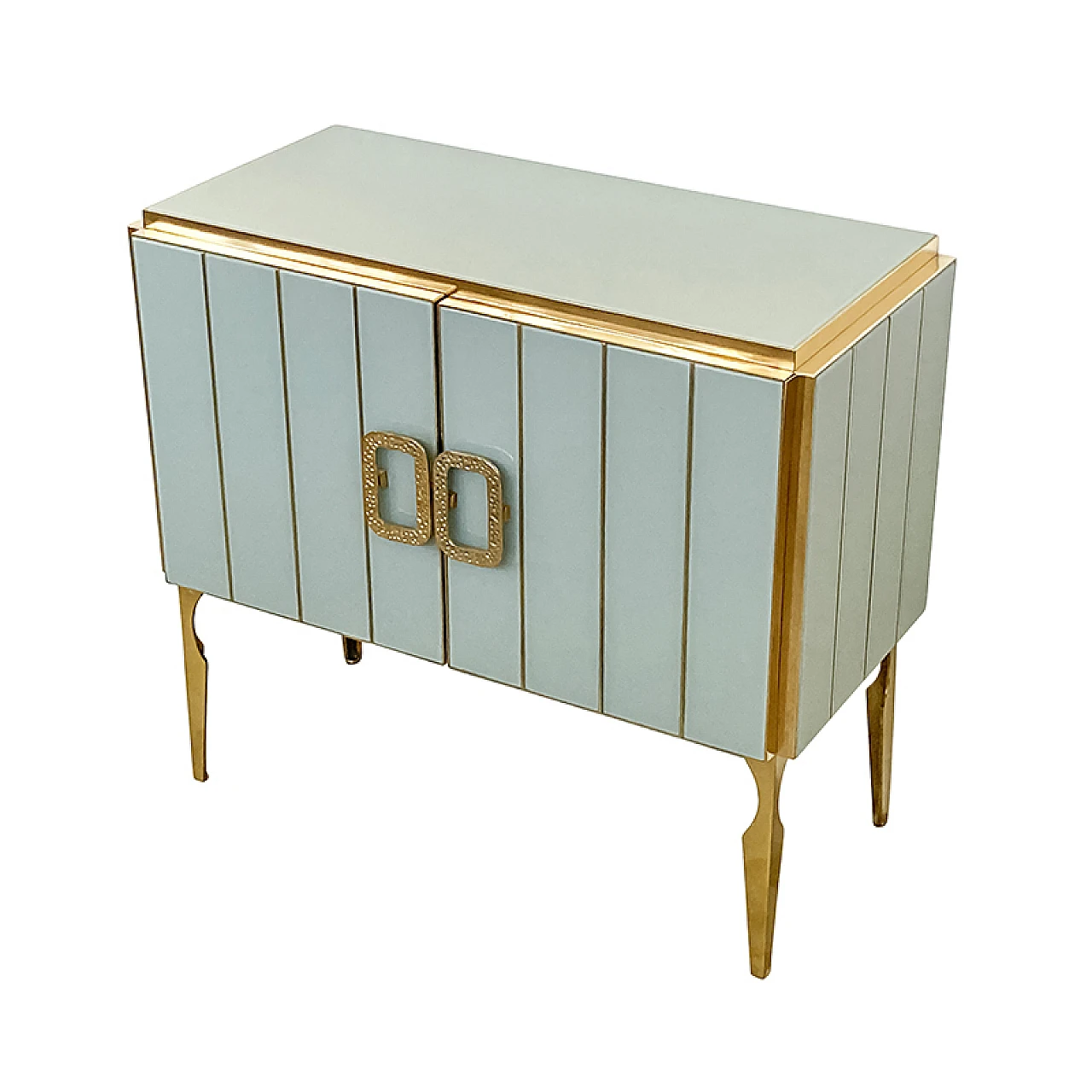 Credenza a due ante in vetro di Murano bianco e ottone, anni '80 3