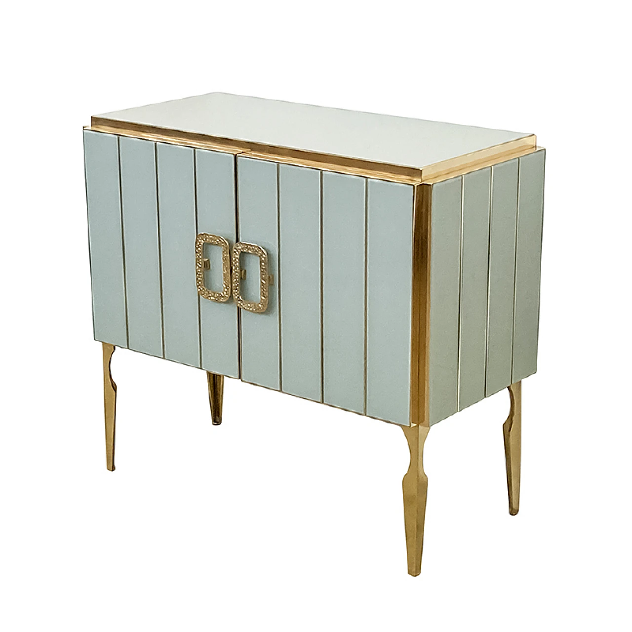 Credenza a due ante in vetro di Murano bianco e ottone, anni '80 4