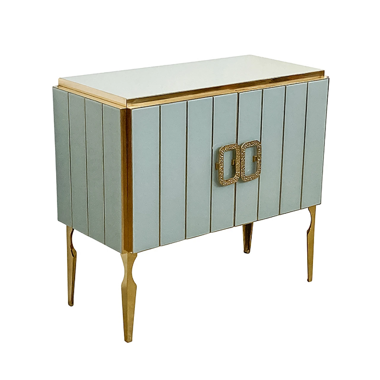 Credenza a due ante in vetro di Murano bianco e ottone, anni '80 5