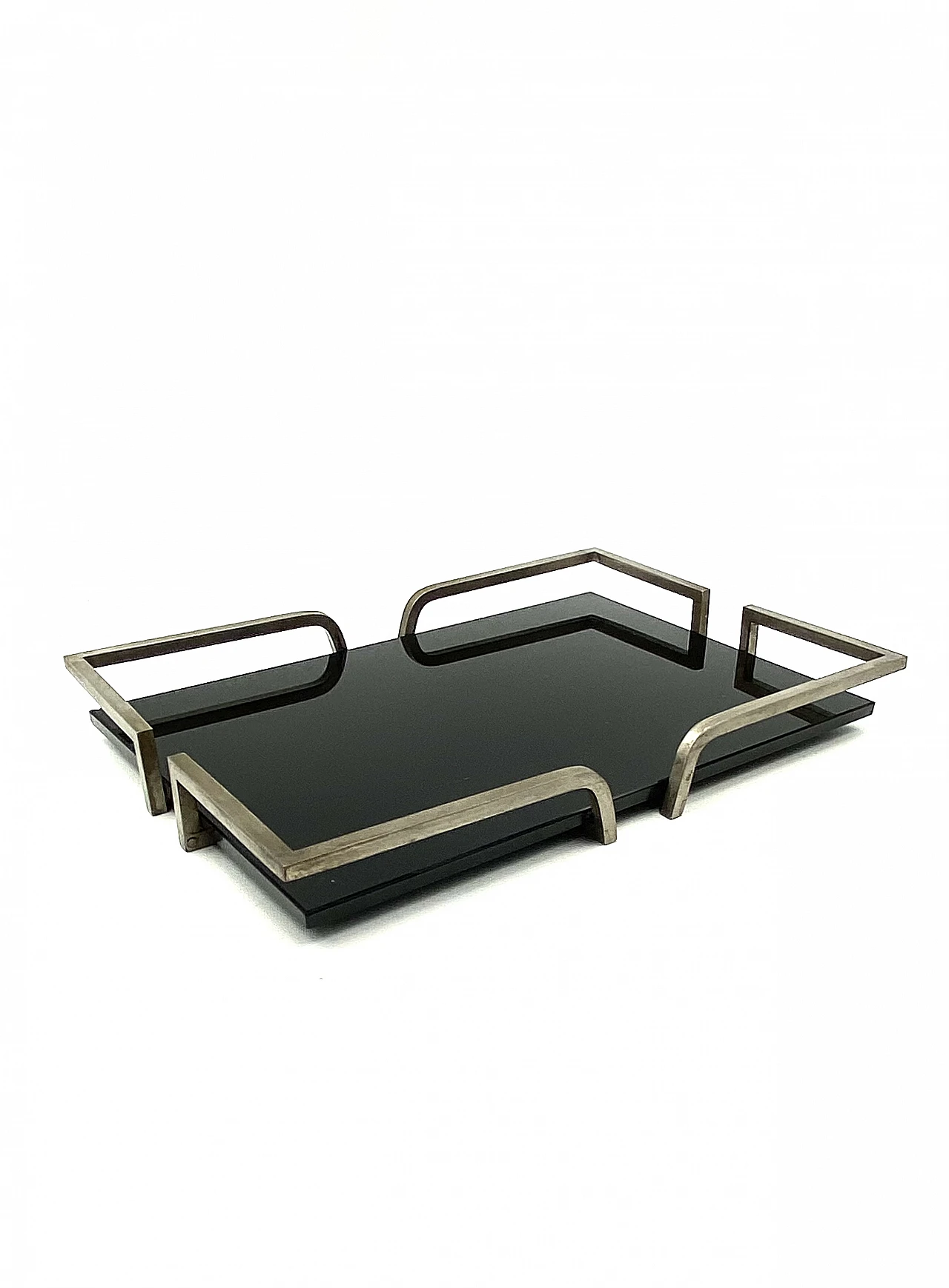 French black glass and brass tray, 1970s 1
