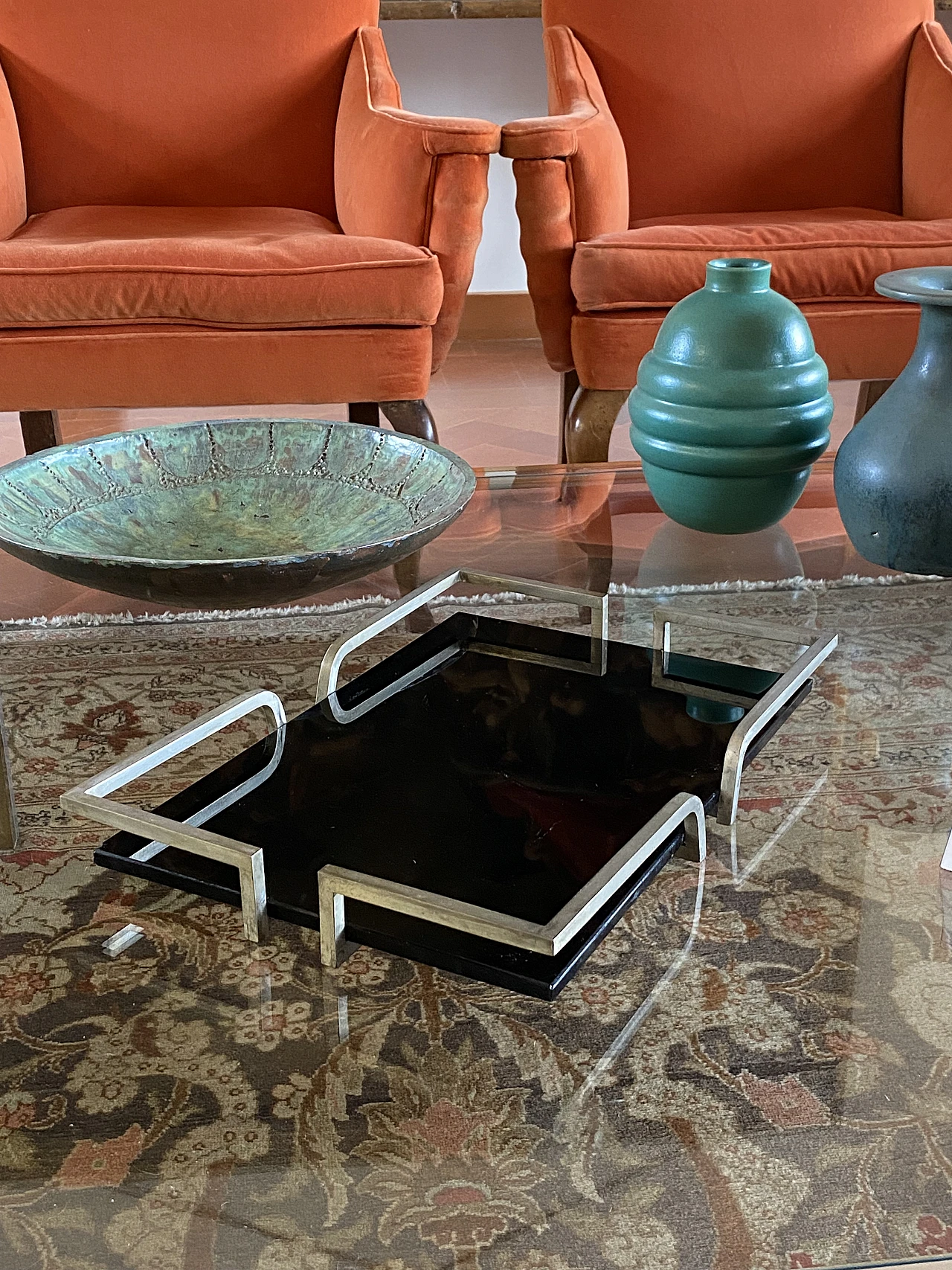 French black glass and brass tray, 1970s 4
