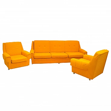Sofa bed and pair of armchairs in orange fabric, 1970s